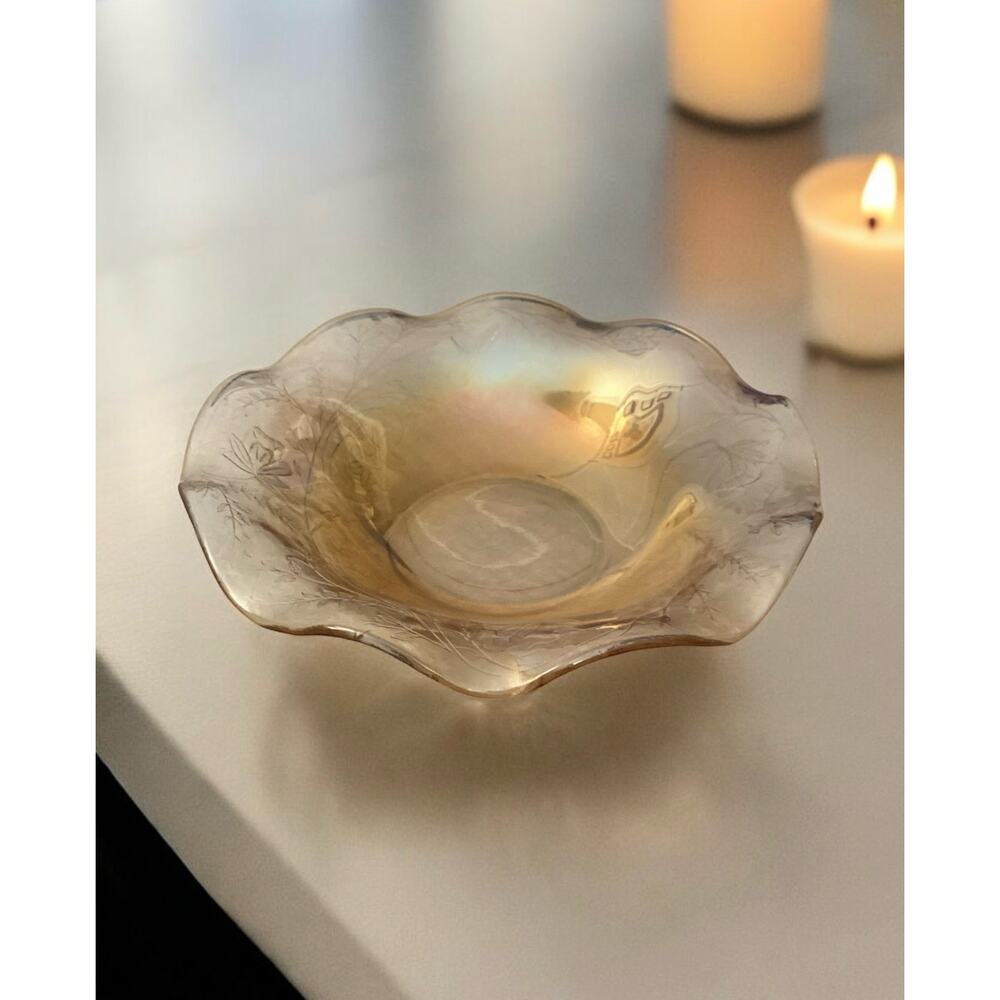 Vintage Delicate Floral Amber Depression Glass Lustreware Bowl with Ruffled Edge